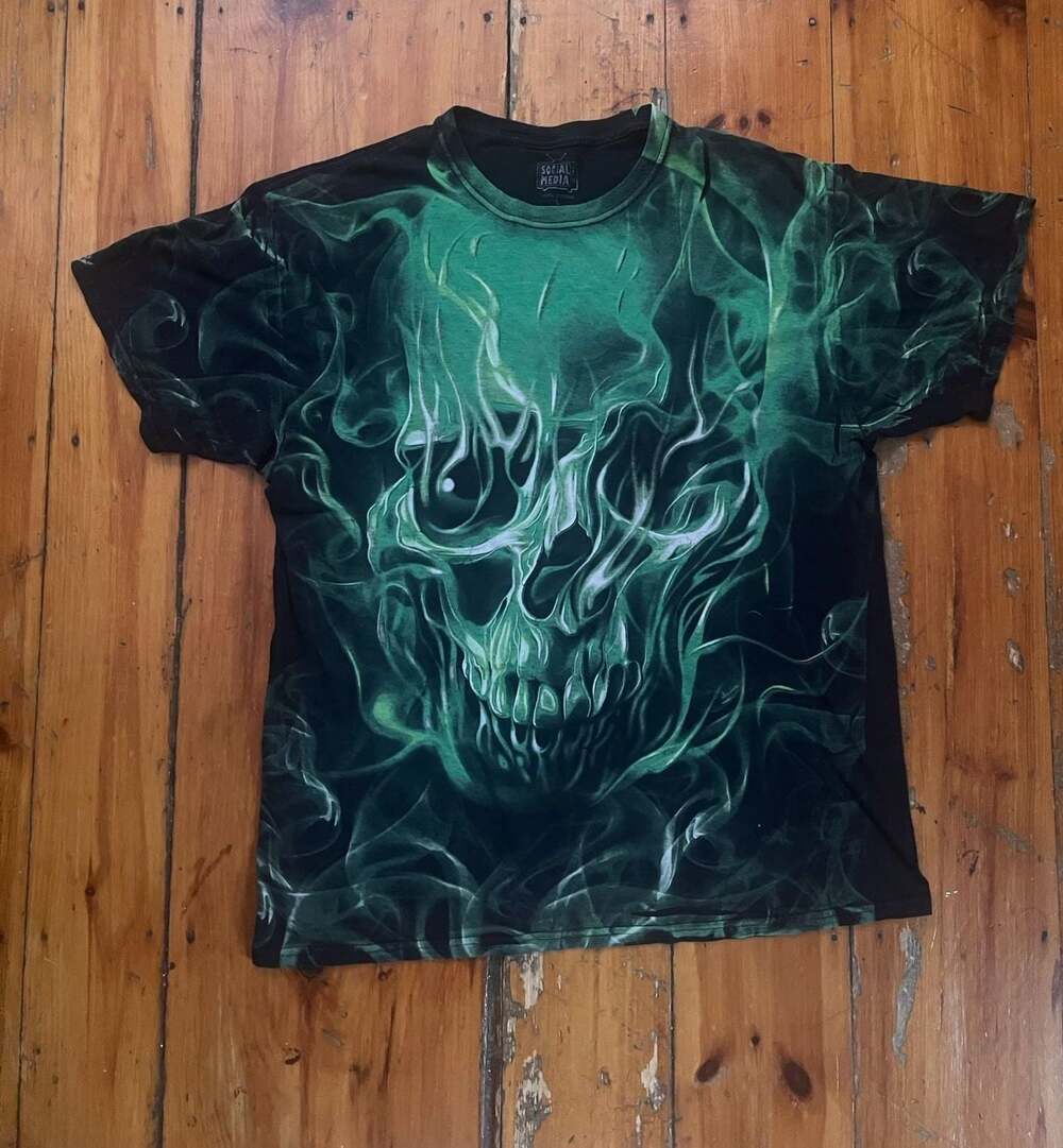 Social Media Green Smoke Skull Graphic All Over Print T-Shirt